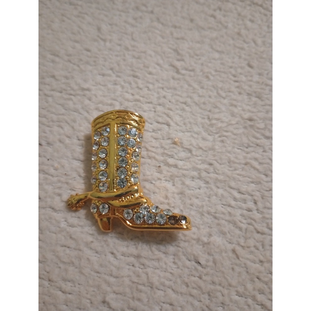 Beautiful Brooch Pin Gold Tone Cowboy Boot Clear Rhinestones 1 5/8x 1 7/8" NICE